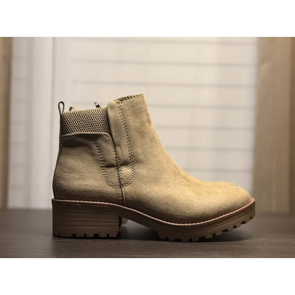 Sun + Stone Faux Microsuede Chelsea Zip On Lug Boots Booties 7.5 M Desert Beige